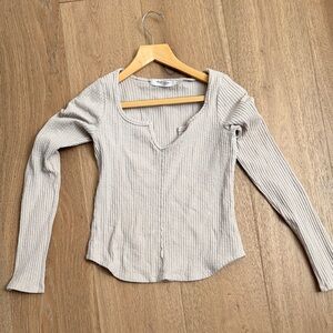 Project Social T Ribbed Long-Sleeve Scoop Neck Top - Light Beige